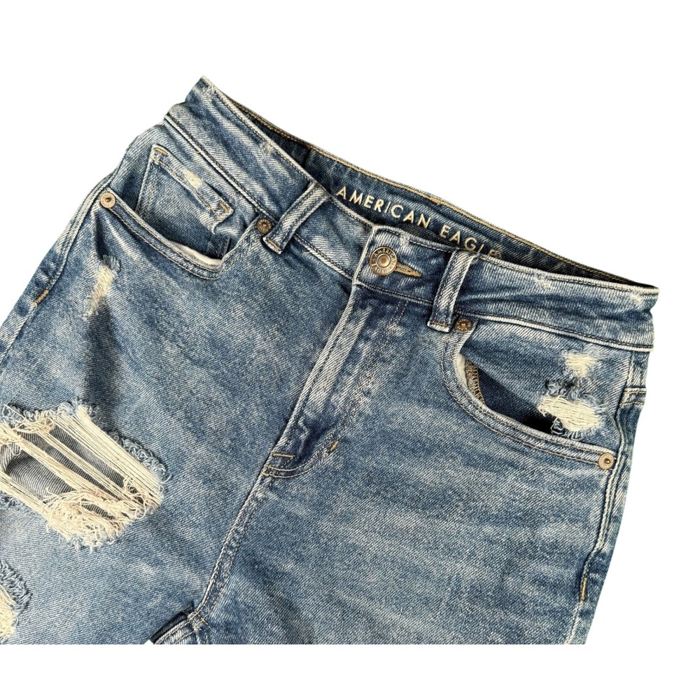 American Eagle Mom Jeans Size 00 Blue Distressed Ripped Stretch Denim